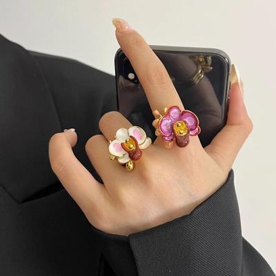 Butterfly Orchid Drip Oil Flower Ring Sweet French Irregular Ring Enamel Finger Ring  Jewelry