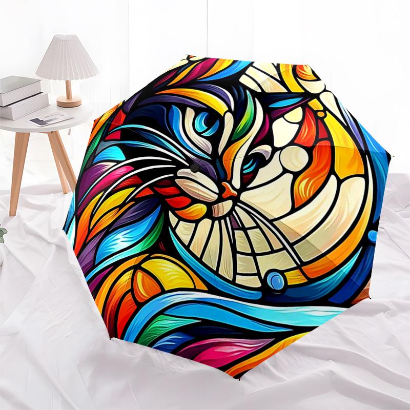 1pc Colorful Stained Glass Cat Design Automatic Opening Folding Umbrella - Portable 3-Fold Design with Iron Frame, Perfect for Outdoor Use, Festive Gi