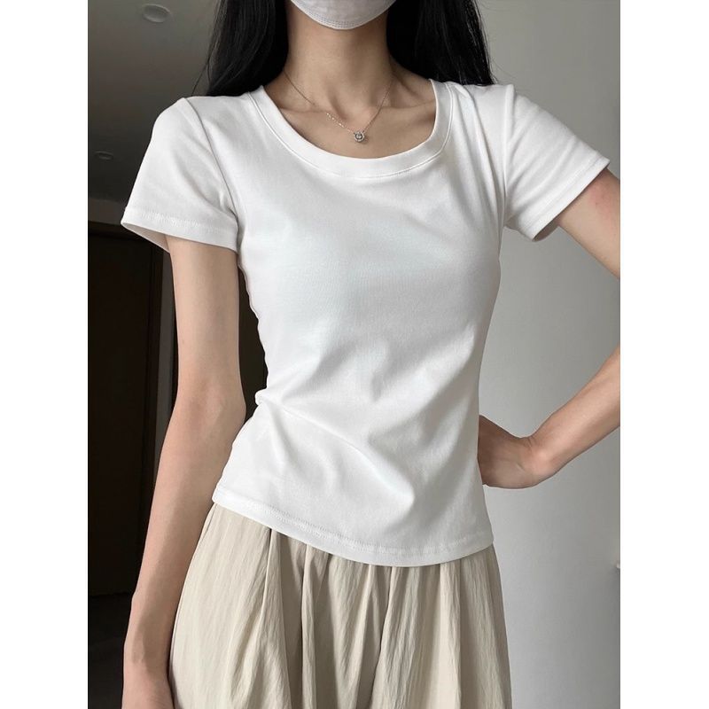 Women s U Neck Short Sleeve Tee Slim Fit Elastic Solid Color Cotton Basic Casual Layering Top S