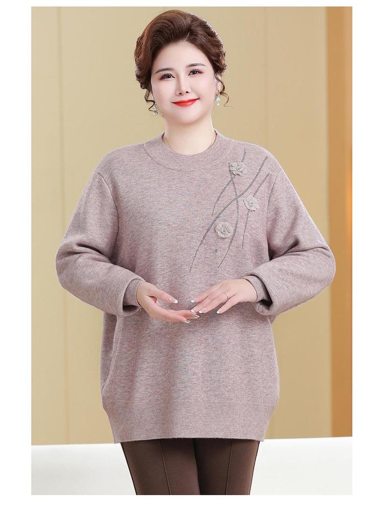 Knitted Fleece-Lined Sweater for Middle-Aged and Elderly Women - Plus Size, Autumn/Winter