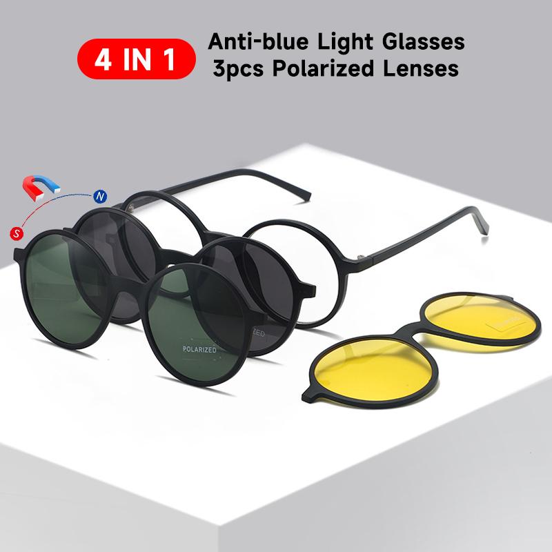 4 In 1 New Vintage Round Polarized Sunglasses For Men And Women Uv400 Sun Glasses Anti Blue Light Glasses Night Vision Eyewear