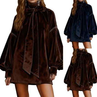 Women's Fashionable Casual Velvet Long,Sleeved Bow Short Dress