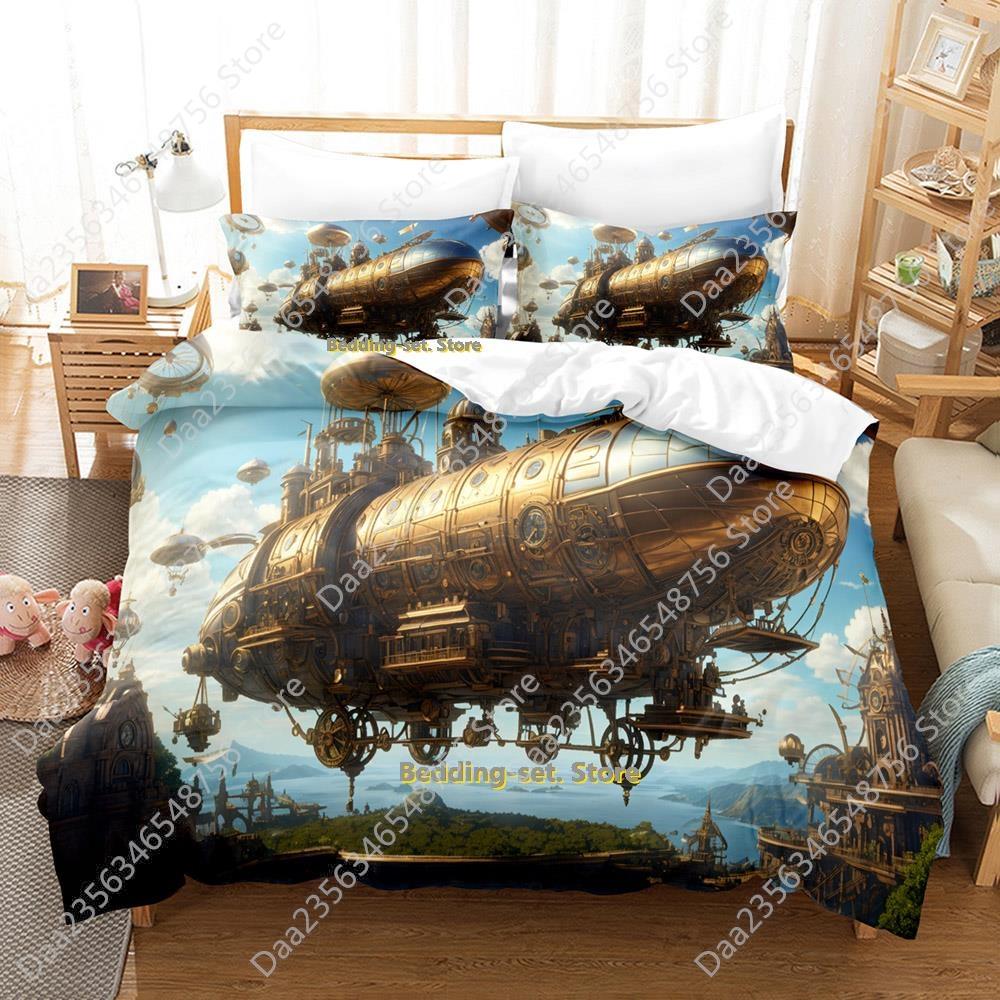 New Personality Cool Steampunk Airship Bedding Set Cartoon Anime Three-Piece Set Adult Kid Bedroom Duvetcover Sets 3D Kawaii