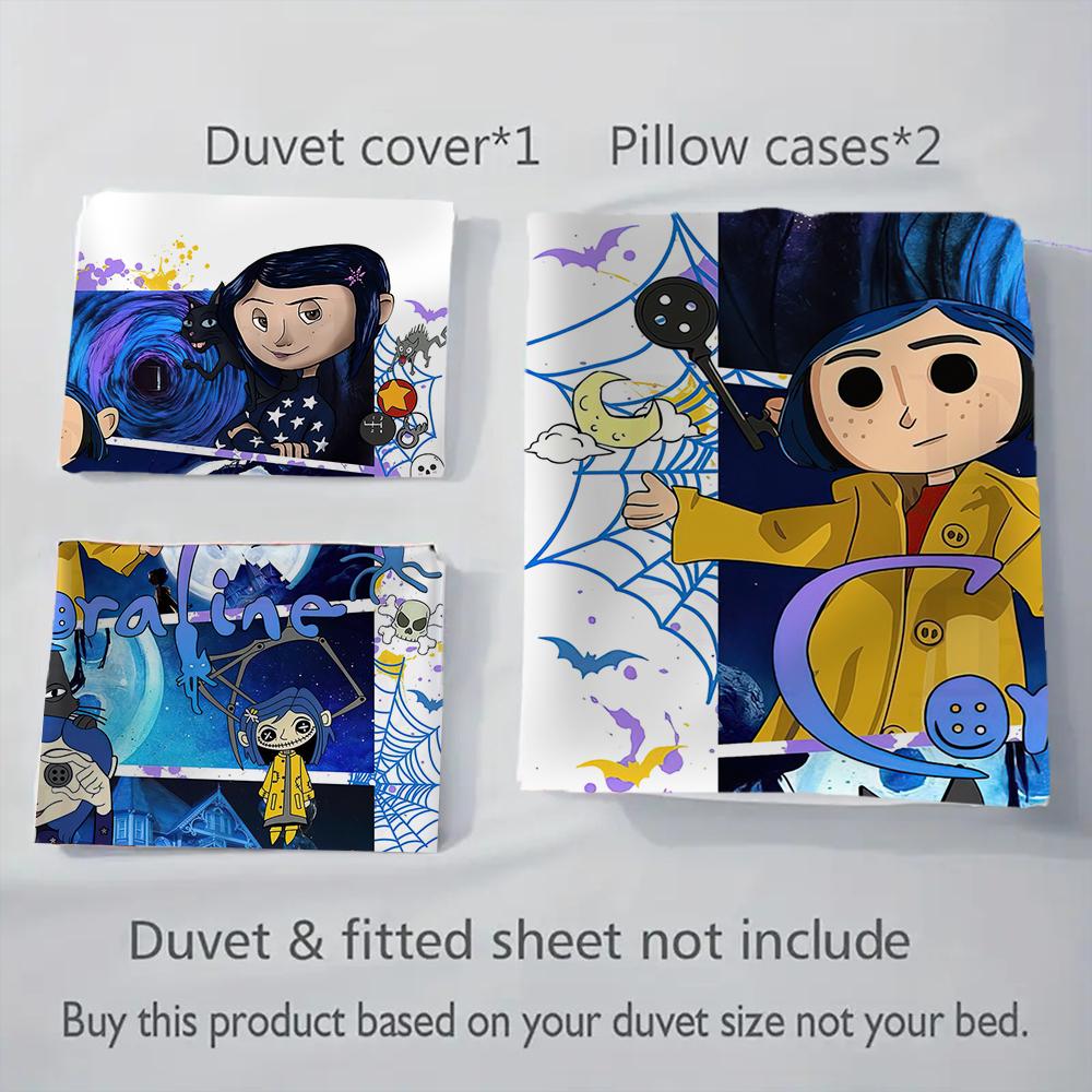 1PC Coraline Pattern Bedding Quilt Set Quilt Cover Pillowcase Home Decoration Birthday Gift (1 * Duvet Cover + 2 * Pillowcase, Without Core)
