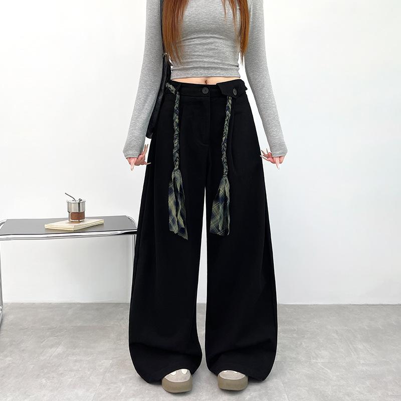 Army Green Retro Tooling Wide-leg Pants Women's Autumn New High-waisted Lace-up Flower Rope Lazy Scimitar Pants