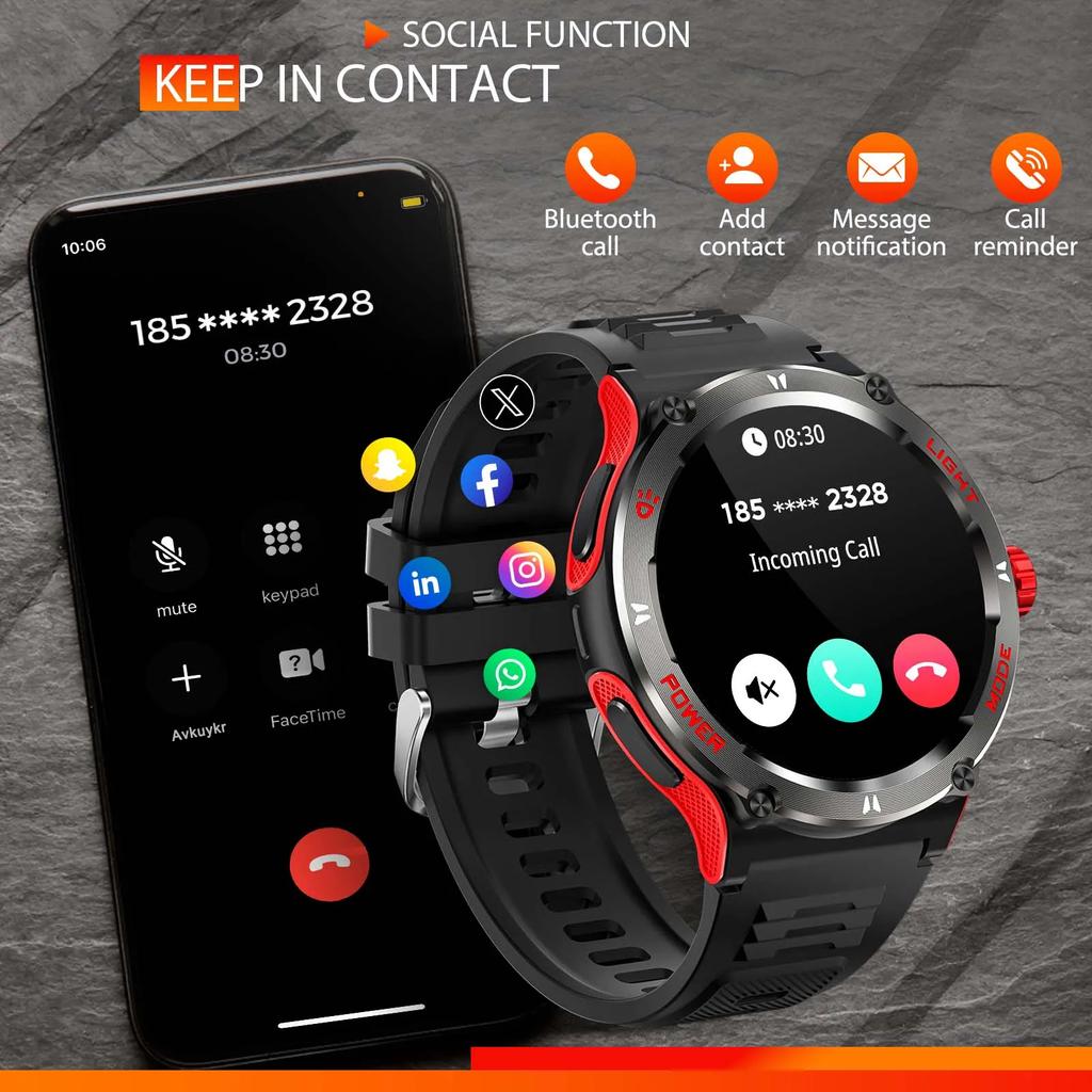 Outdoor Military Smart Watch Men LED Strong Light AMOLED Screen Heart Rate Compass Bluetooth Call 3ATM Waterproof Smartwatch