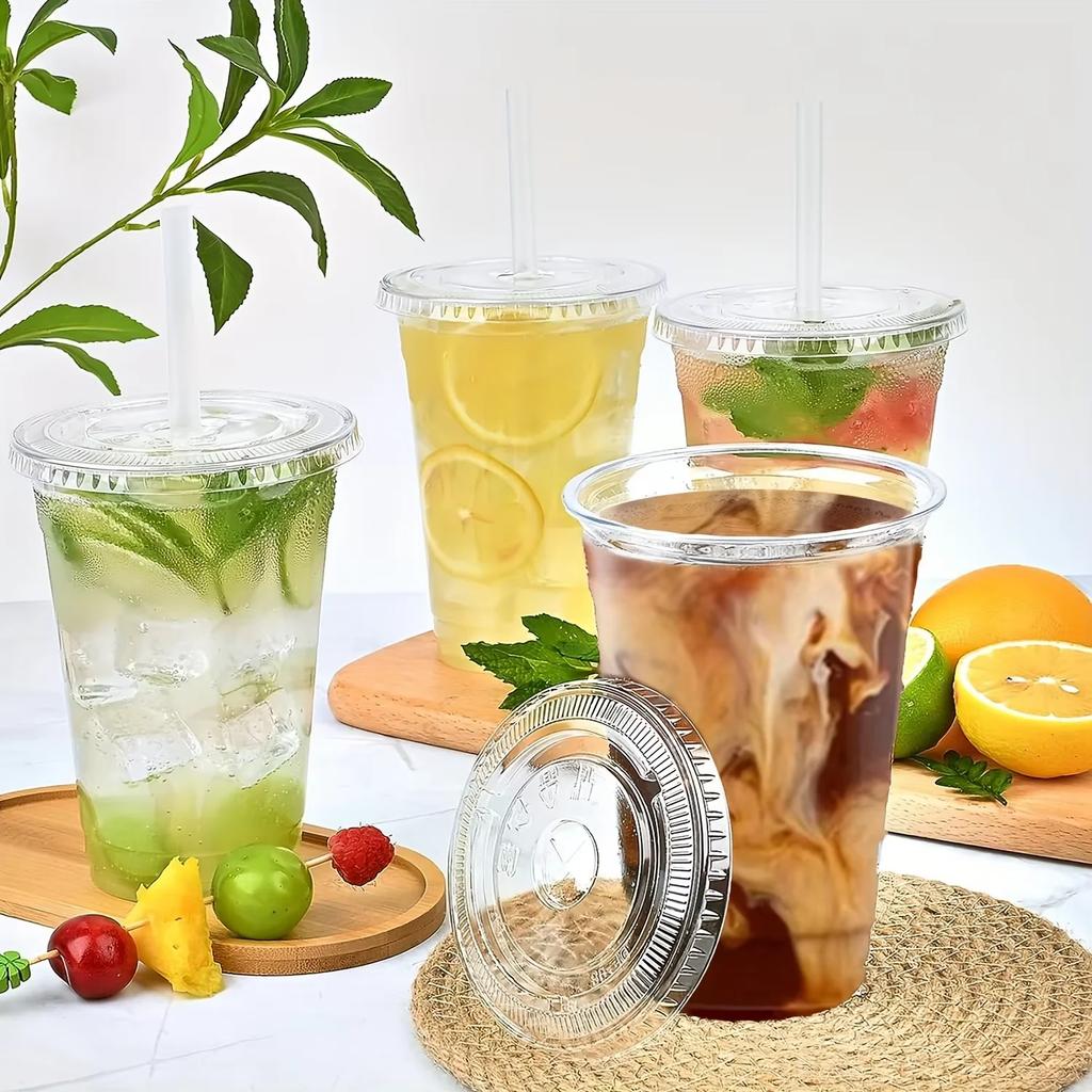 1-100PCS Disposable Plastic Cups with Lids for Ice Coffee Cold Drinks Plastic Cups Home Restaurant Drink Shop Party Picnic Party