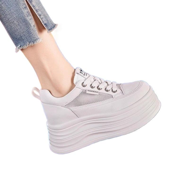 Leather Thick soled Women's Shoes Spring and Autumn New Breathable Sports Shoes 8cm Height Boosting Flat Shoes