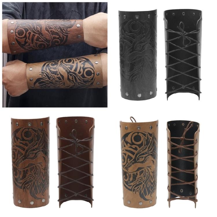 Rock Roll Arm Guards Roleplay Arm Gauntlets Vintage Armband Wolf Head Arm Guard Festival Costume PU Leather Arm Bracers