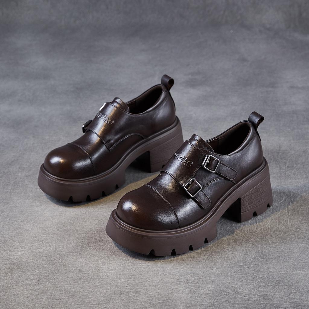 Damen Dicksohlige Höhenverstärkende Lederschuhe Britischer Stil Leichter Luxus Echtlederschuhe High-End Retro Slipper