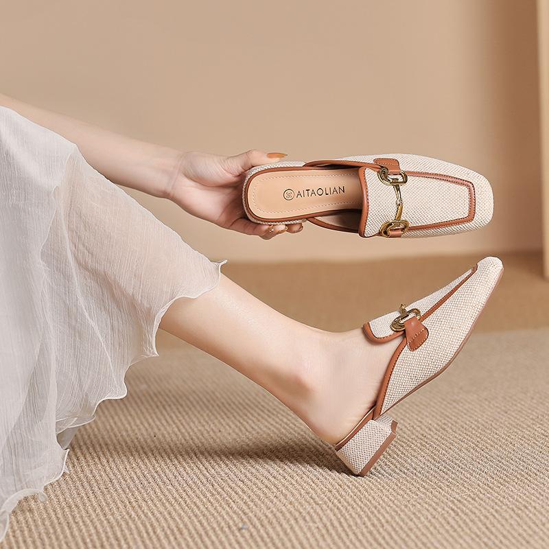 

Новые тапочки Baotou, женская верхняя одежда, повседневные тапочки на высоком каблуке с квадратным носком, женская обувь для колледжа в британском стиле