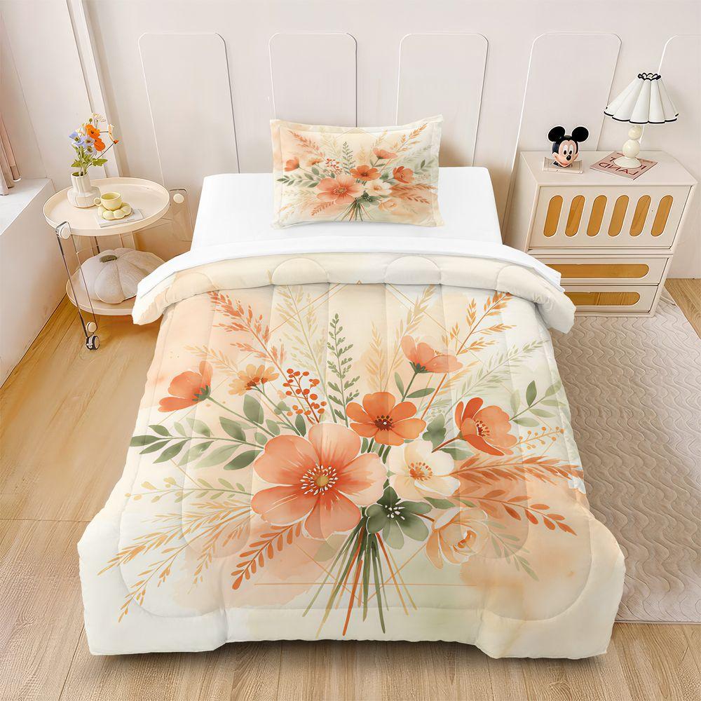 Floral Print Comforter Set Quilt Bedding Set With Pillowcase, Soft Fabric For Women Farmhouse Bedroom Apartment Decor