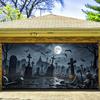Polyester Halloween party banner garage door cover with patterns of Halloween cemetery pumpkin lanterns and crows.PMJ