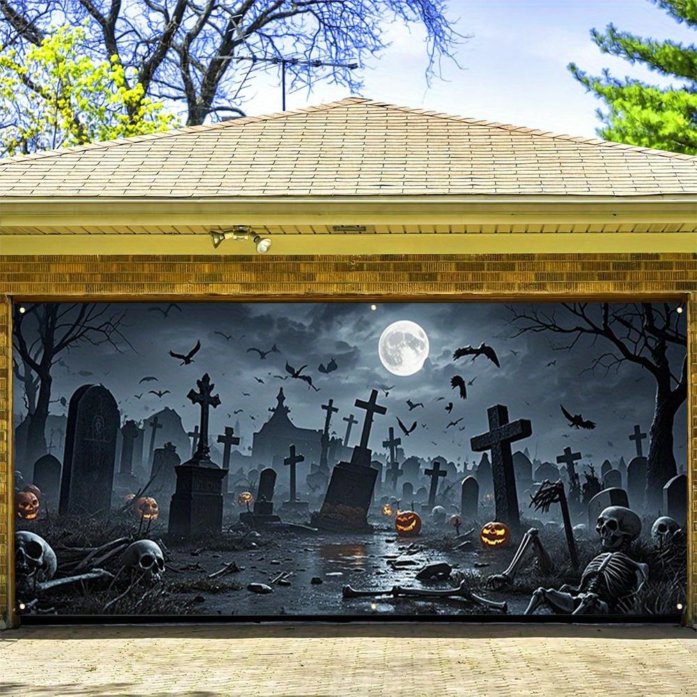 Polyester Halloween party banner garage door cover with patterns of Halloween cemetery pumpkin lanterns and crows.PMJ