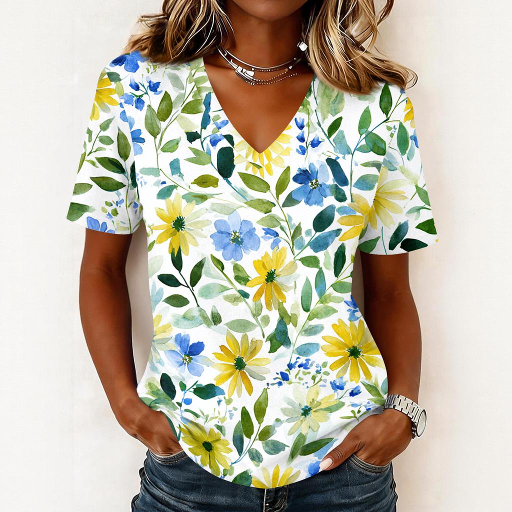 Women's fashionable casual short-sleeved floral print V-neck pullover top