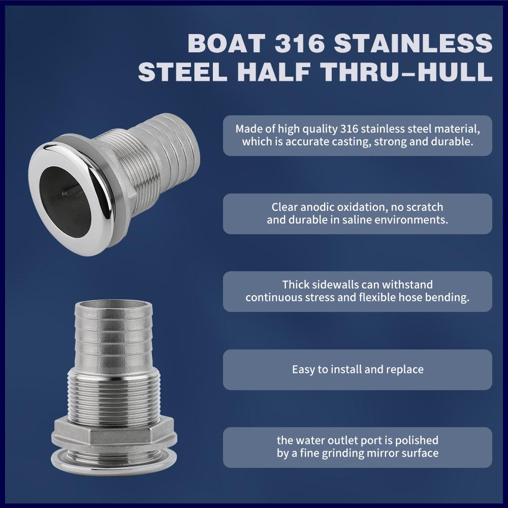 Marine 316 Stainless Steel Thru Hull Fitting Connector Half Thread Water Outlet Boat Bilge Drain Hose Fitting