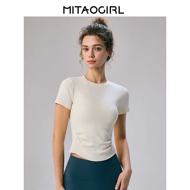 Mitaogirl Kendall Short Sleeve T-shirt Women Summer Slim Fit Slimming Shoulder Basic White T Running Fitness Yoga Clothes