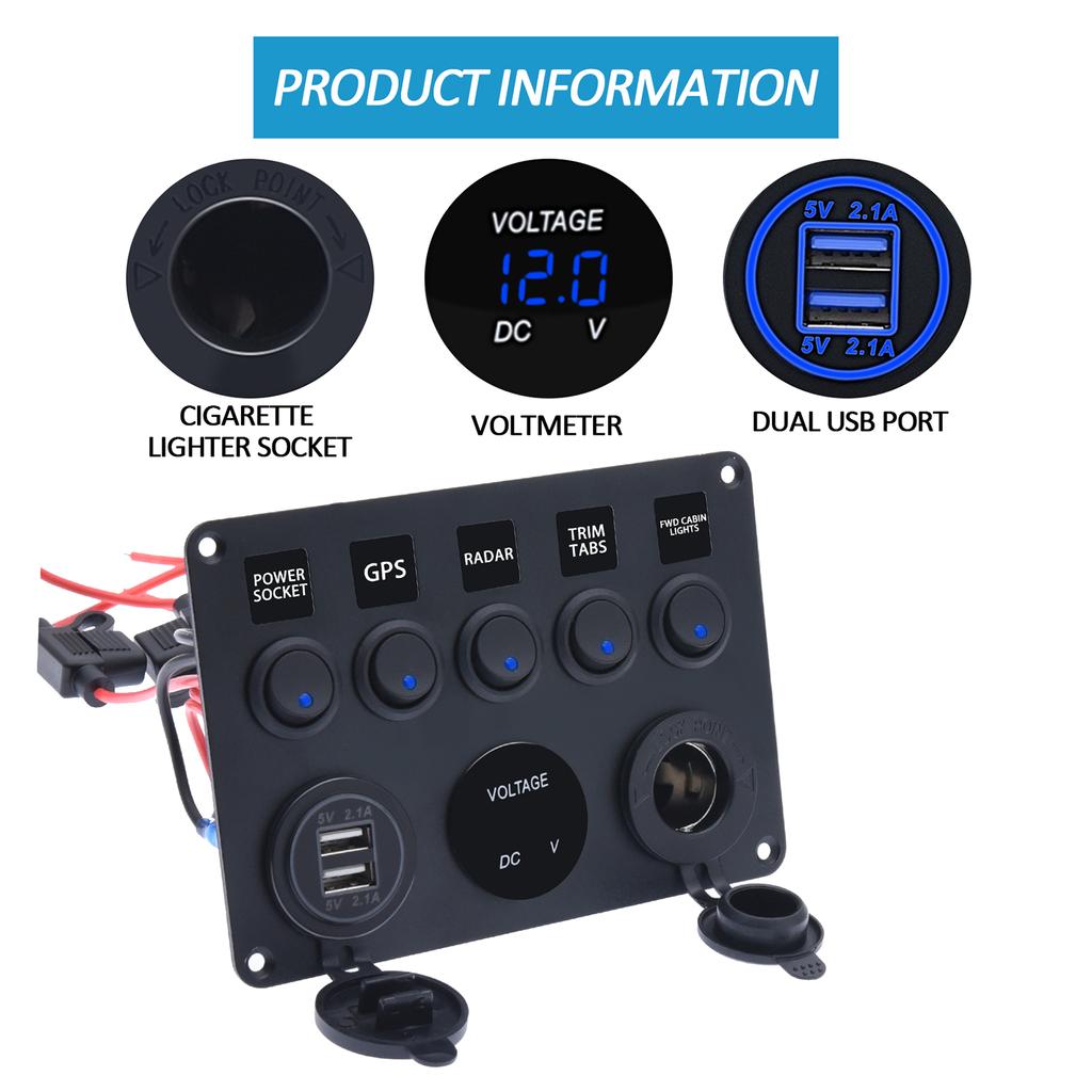 Waterproof Marine Boats Rockers Switch Panel 5 Gang with Twin USB Slot Socket 2.1A + Voltmeter for Car s Vehicle