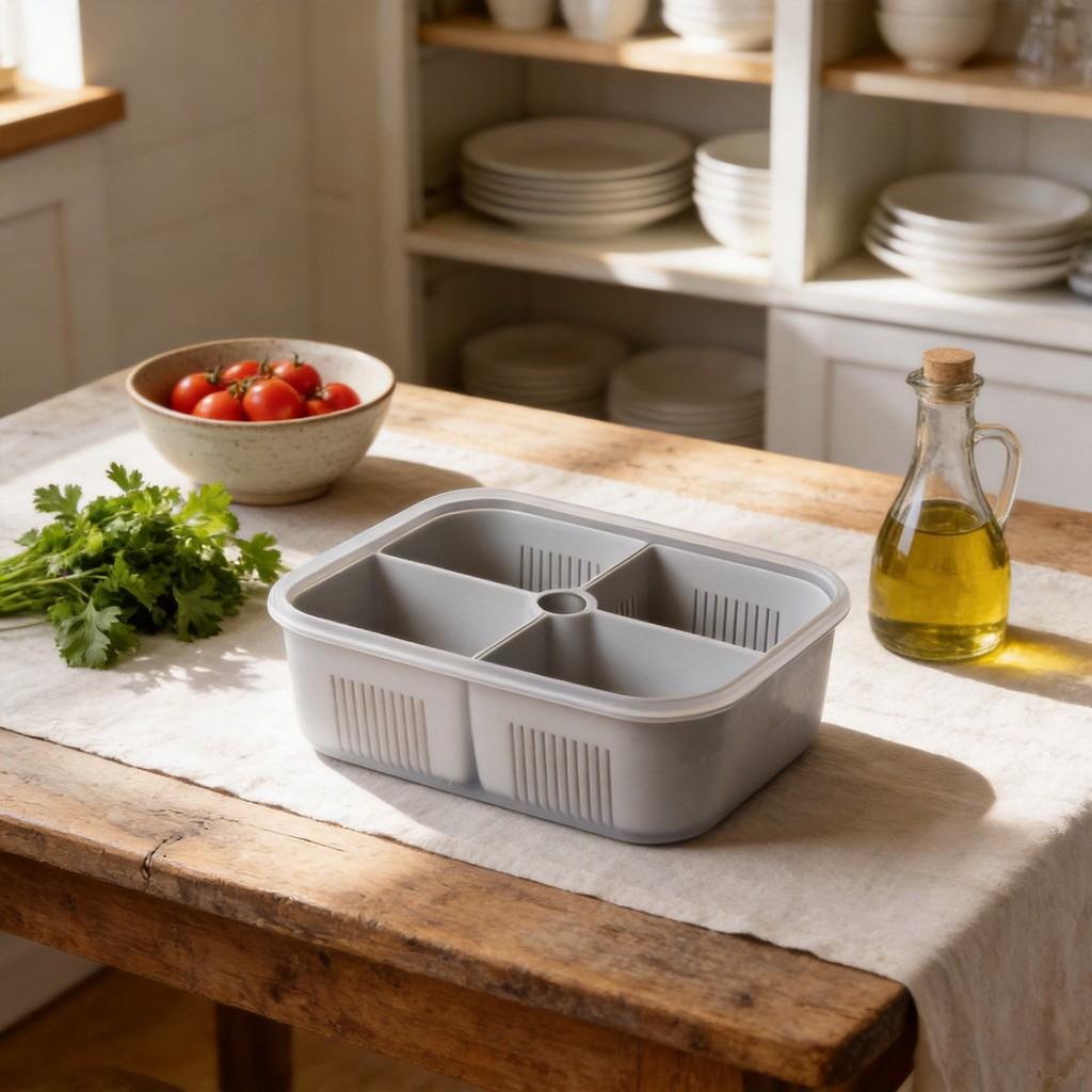 Multicompartment Plastic Food Organizer With Leakproof Seal For Refrigerator And Freezer Use
