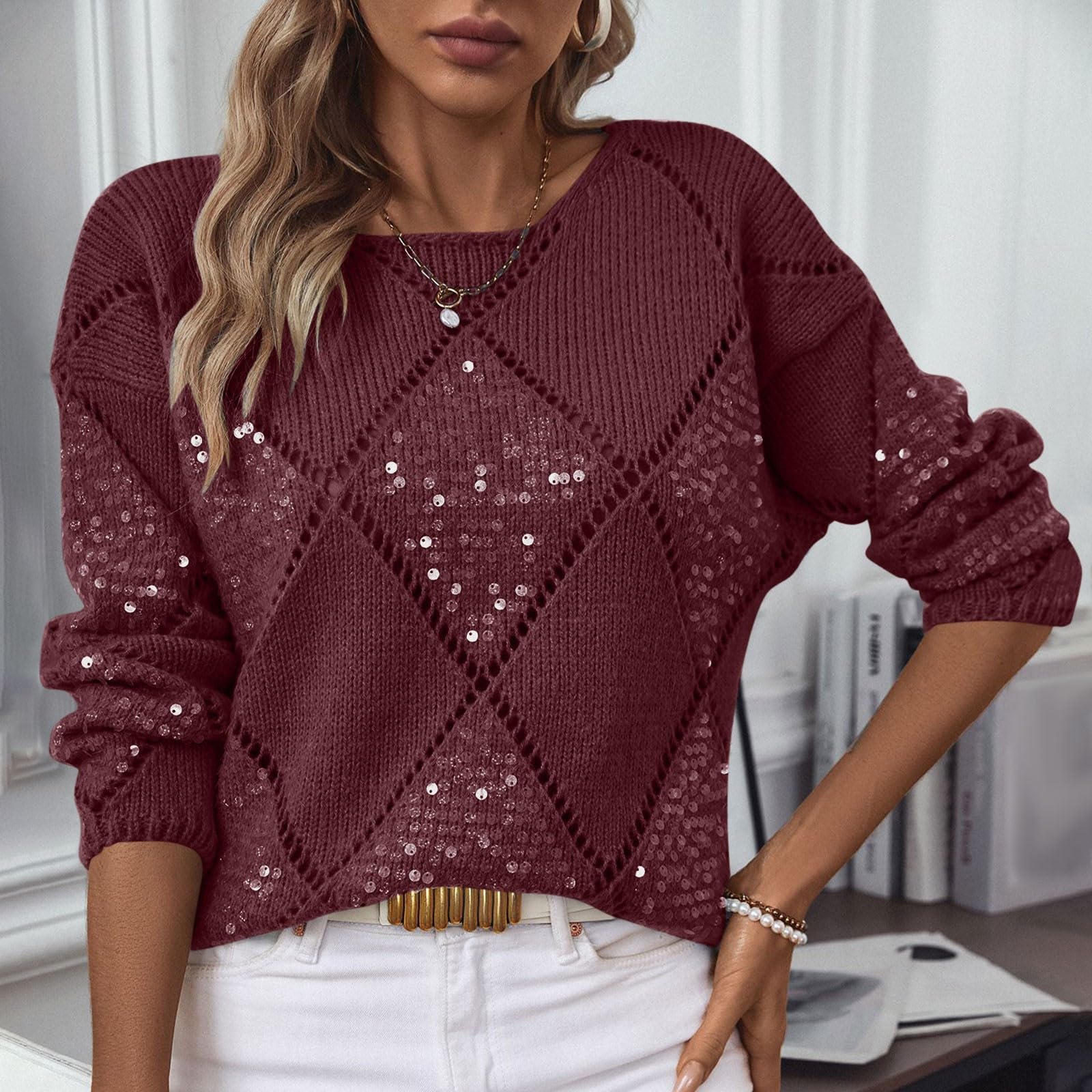 

Женский свободный и удобный свитер с пайетками однотонный топ с длинными рукавами L