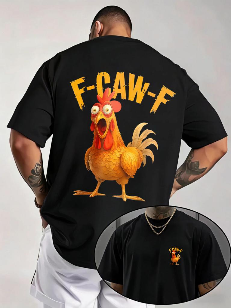 Navy Unisexs Tee Cartoon Rooster F Caw F Letter Print Crew Neck Cotton Short Sleeve Humor Male Street Summer Soft Daily Casual Wear