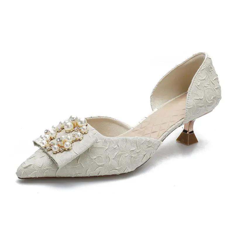 Fashion Baotou hollow sandals women's medium heel 2025 new pearl fairy style fashion thin heel pointed summer women's single shoes