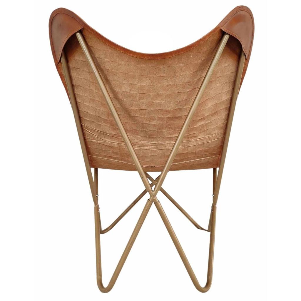 Leather Butterfly Chair-Hand Weaved Tan Brown Leather Butterfly Chair-Handmade with Golden Powder Coated Folding Iron Frame.