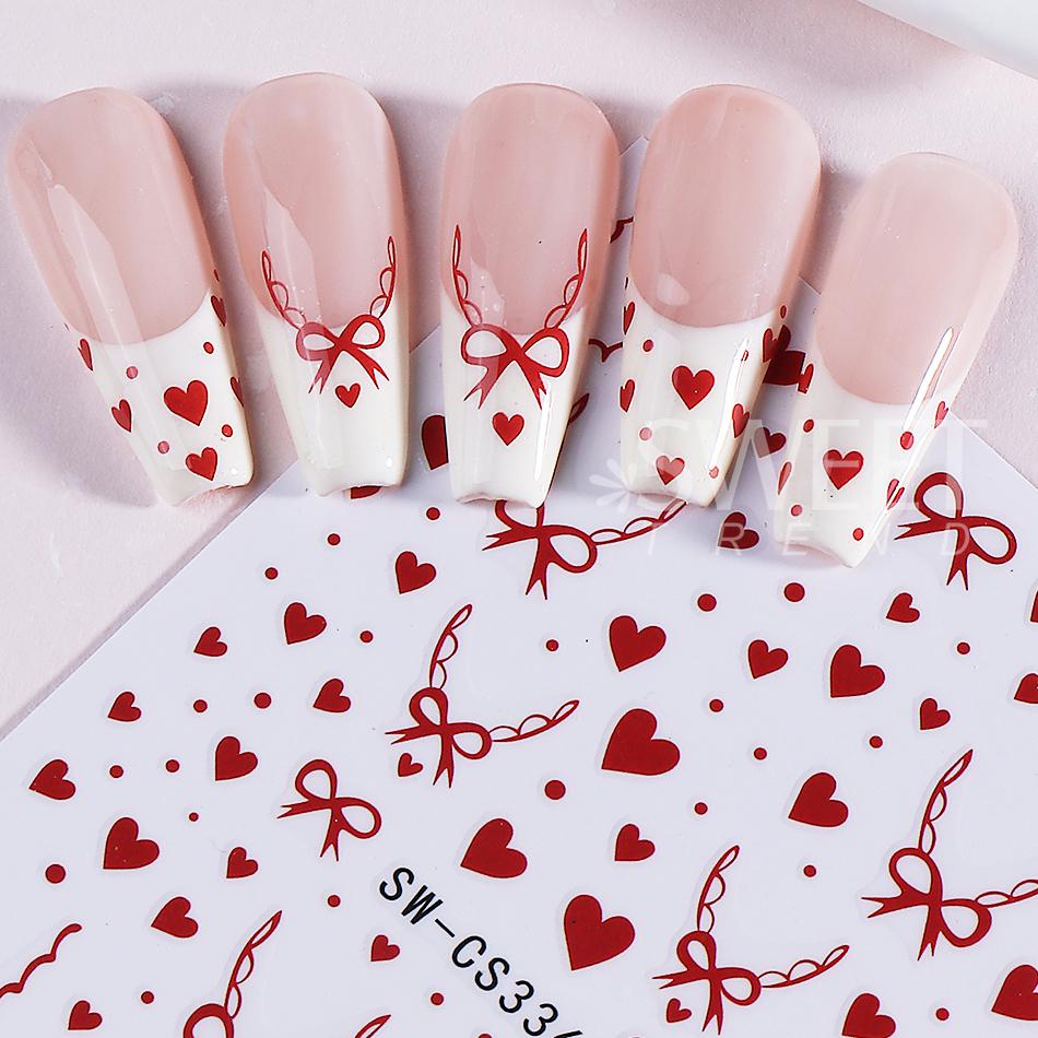 3pcs Valentine's Nail Stickers Red Love Lace Border Bow French Design Adhesive Nail Decal DIY Elegant Manicure Decoration