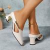 Fashion Special Heel Metal Wrapped Slippers Autumn New Square Toe Shallow Mouth Cutout Metal Chain Non-slip High Heels