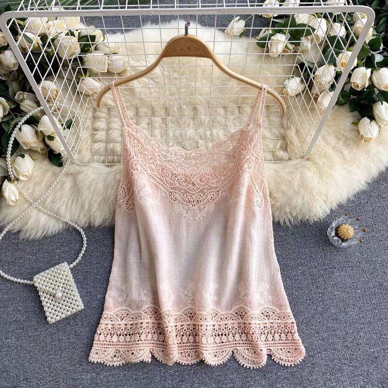 Literary and artistic style cotton and linen small suspenders are versatile, summer new bottoming shirt breathable hollow air-conditioned room vest