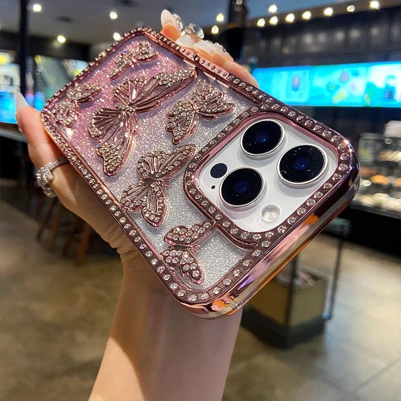3D Fashion Electroplate Butterfly Glitter Diamond Phone Case for IPhone 17 16 Pro Max 15 14 13 12 11 Transparent Back Cover