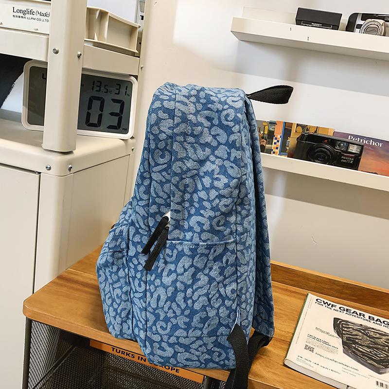 Leopard Print Denim Backpack Student Schoolbag Women Lightweight Backpack