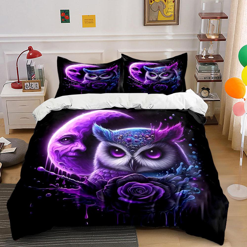 Mystical Owl and Moon Art Bedding Duvet Cover Set (1*Duvet Cover 2*Pillowcases, Without Duvet Insert)