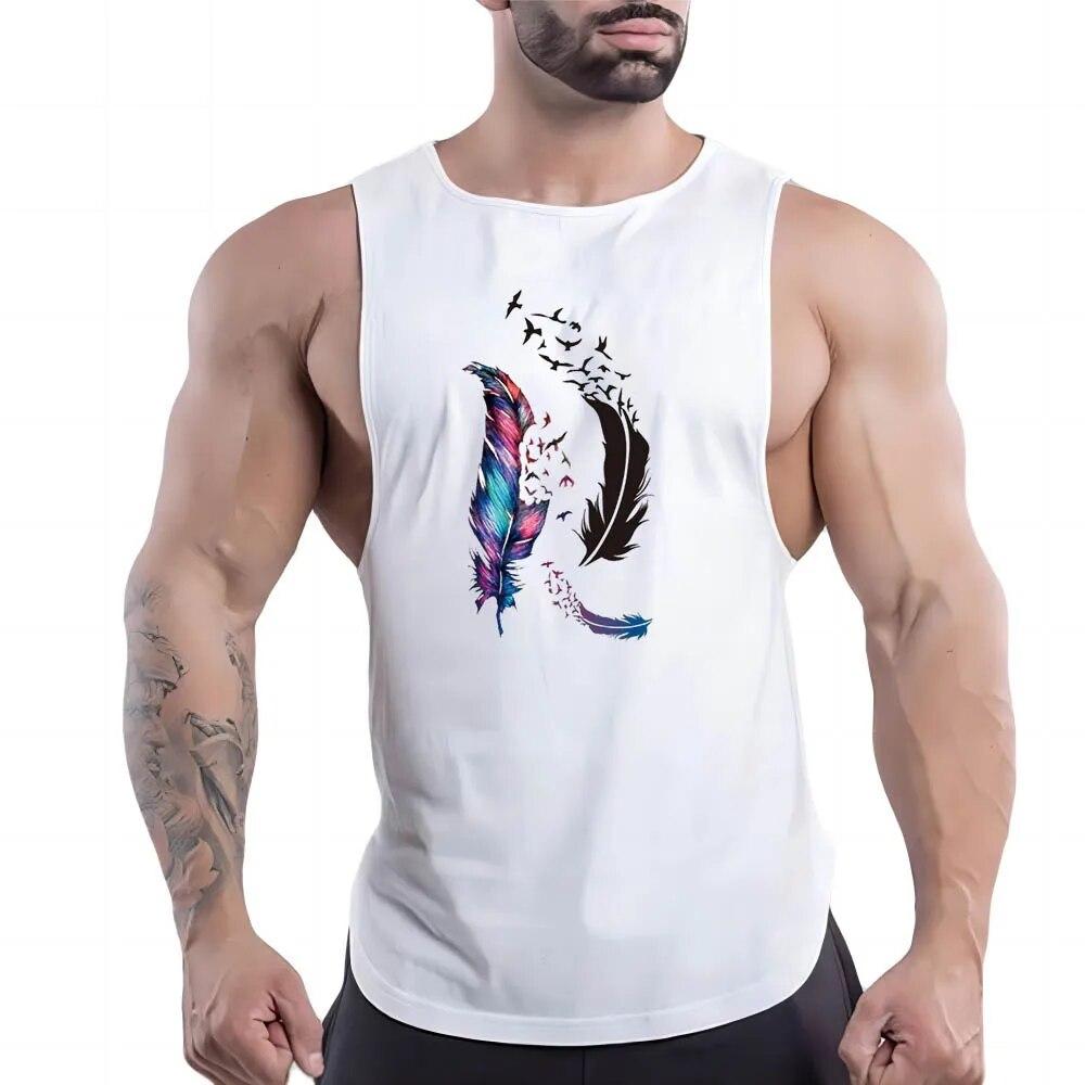 Summer Adult Men'S Outdoor Fitness Crew-Neck Vest Creative Feather Pattern 2d Print Breathable Comfortable Sleeveless Shirt