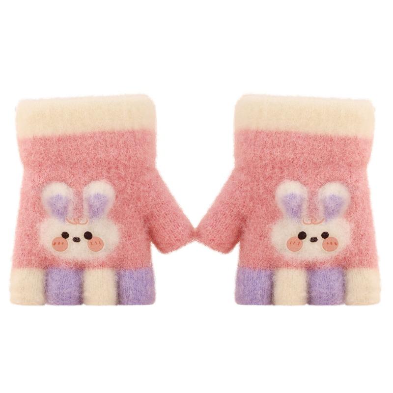 Children's Half-finger Gloves Autumn and Winter Jacquard Rabbit Five-finger Fingers Boys and Girls Baby Warm and Cold Baby Winter Gloves