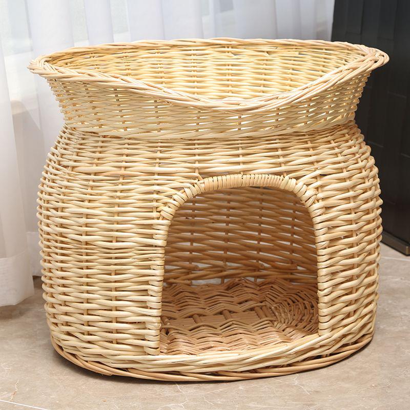 Medium Woven Rattan Pet House: Enclosed, Double-Layer, Washable, All-Season Cooling Mat for Dogs and Cats