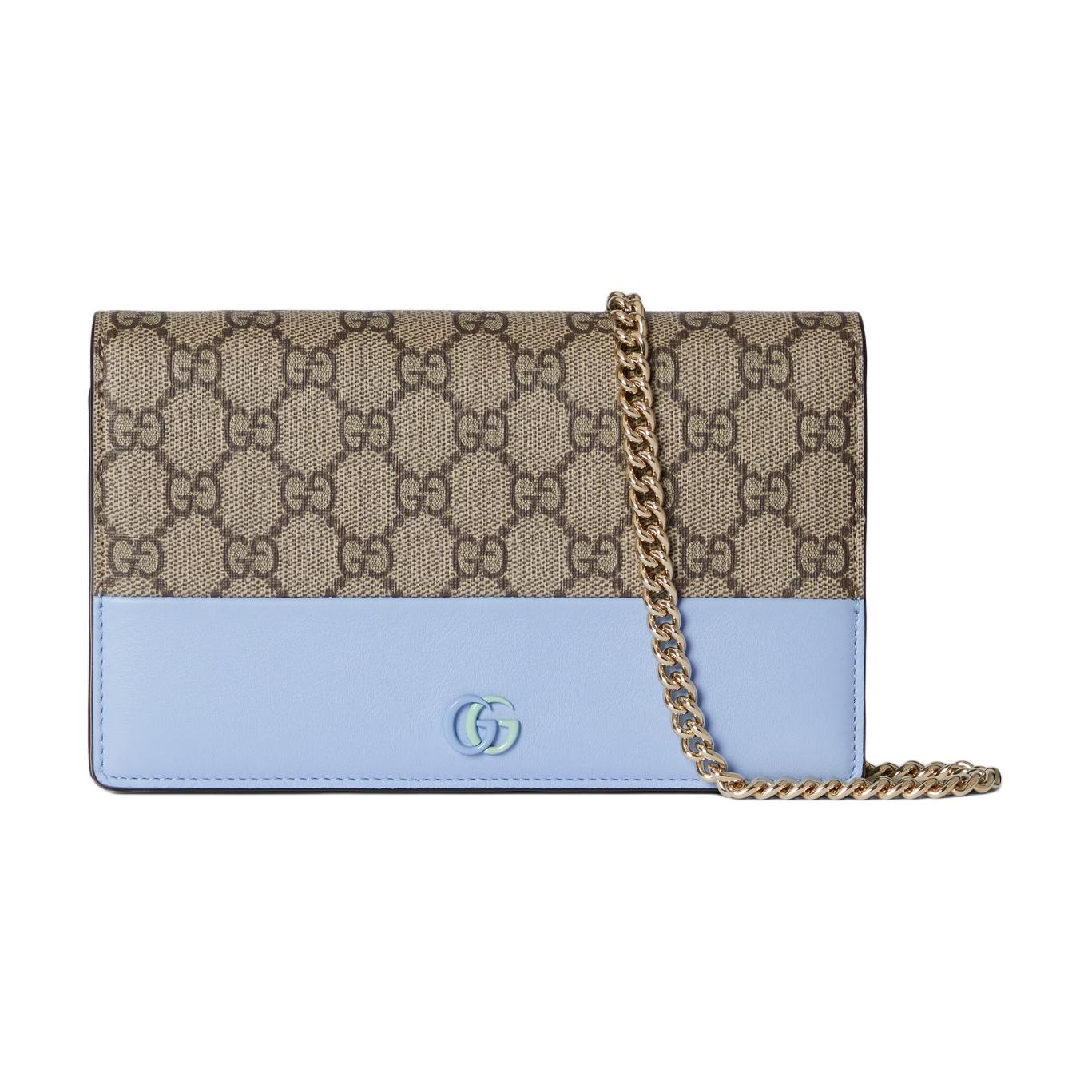 

Gucci GG Supreme Canvas Light Blue Leather Chain Wallet WOC With Gold Hardware For Women Daily Use Gift Set(Basic Set+Box+Shopping Bag)