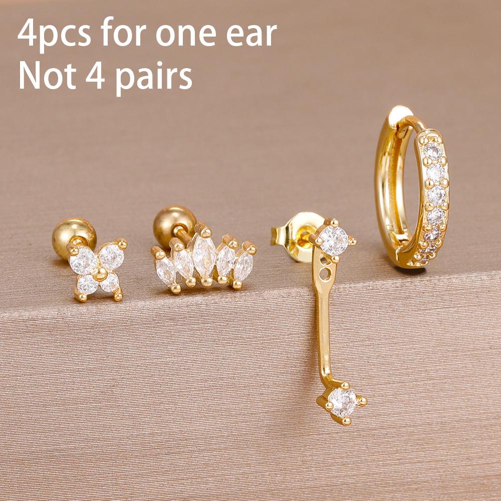 4-teiliges Set Huggie Hoop Ohrringe aus Edelstahl für Damen, Goldfarbe, Einzigartige Zirkonia Blume Ohrstecker Piercing Schmuck