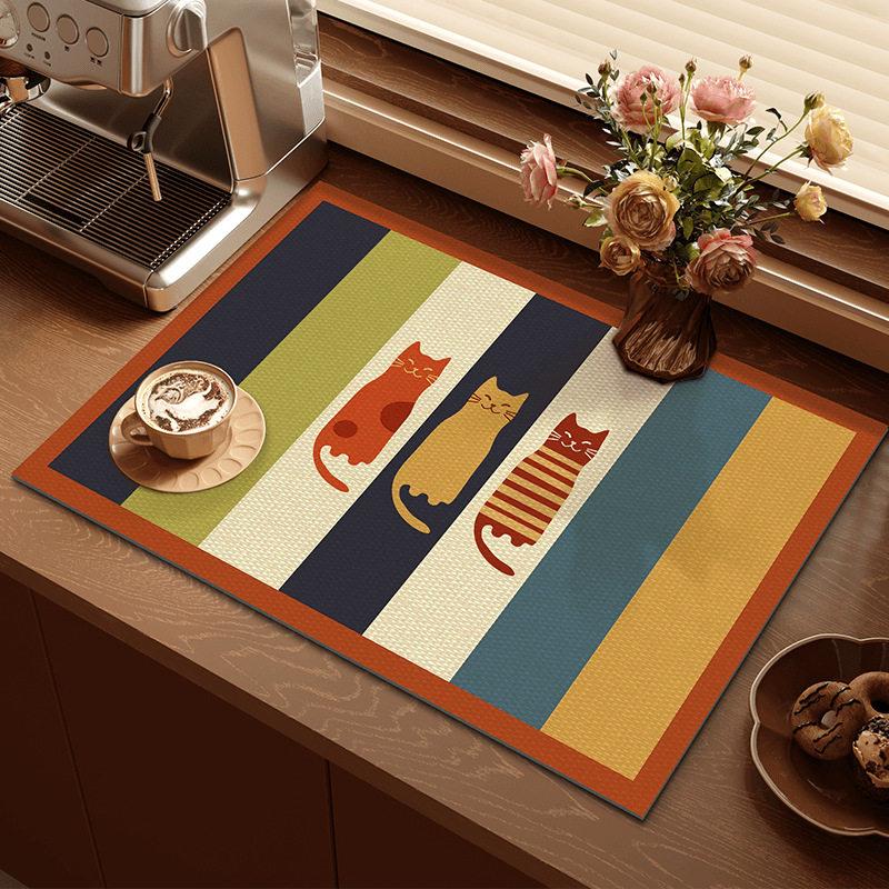 Pastel Oil Painting Plaid Drying Mat Feeling Label Print Non Slip Absorbent Pad For Espresso Kitchen Worktop Kitchen Mat