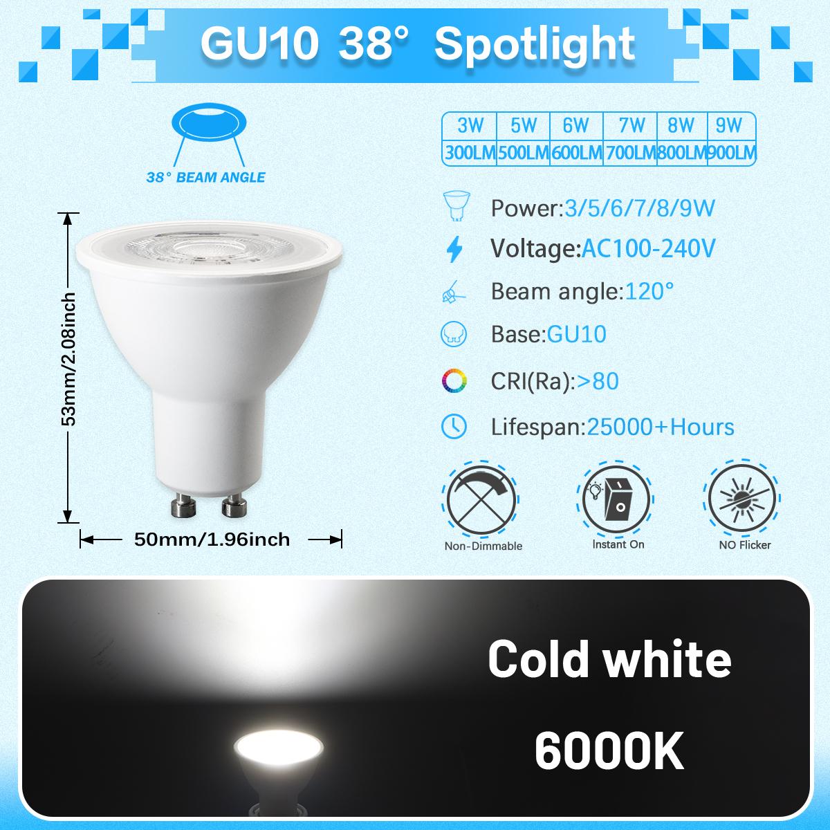 

50PCS/lot Flicker-free Ra80+ LED Spot Light GU10 Bulb 3W 5W 6W 7W 8W 9W Warm Lighting 3000K 4000K 6000K for Home deroc 3w&AC100-240V
