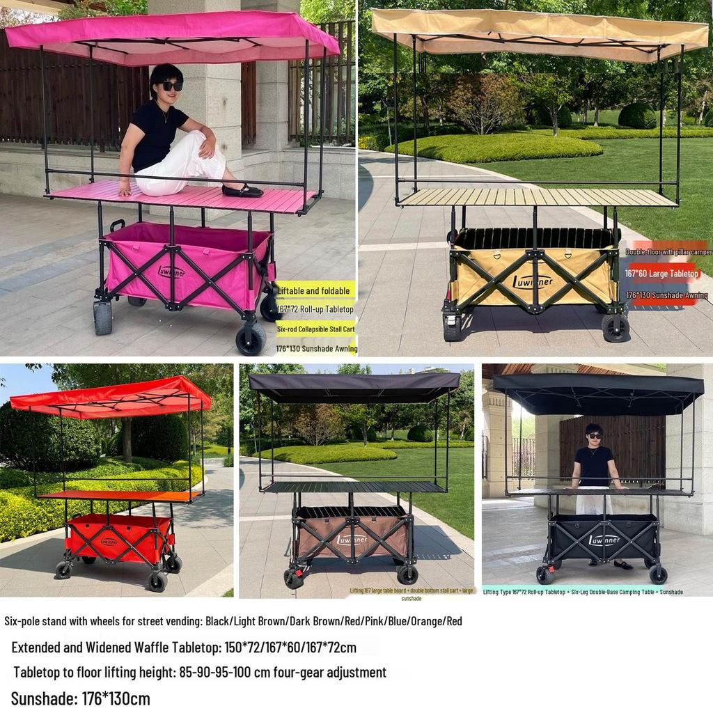 Adjustable Folding Handcart with Umbrella, Elevated Canopy & Table Top for Street Stalls or Camping.
