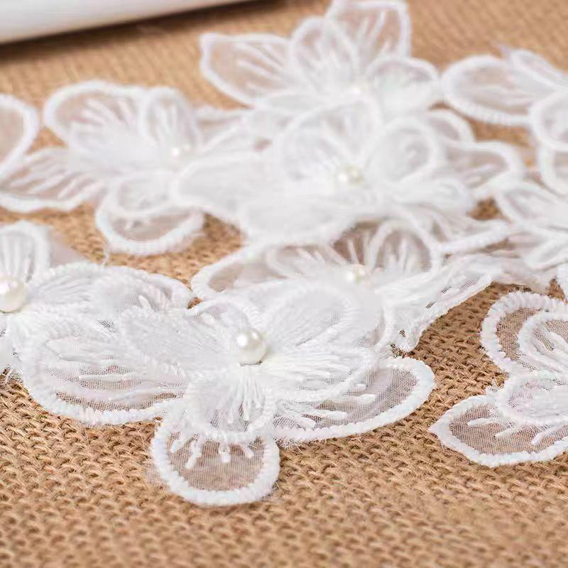 10Pcs White Double-Layer Organza Tulle Embroidery Lace Patch DIY Clothing Bead Decoration Decal Accessories 6*6cm