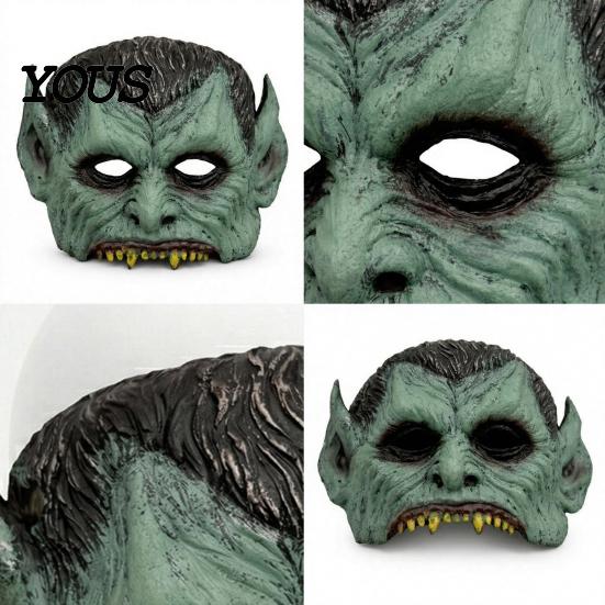 Scary Halloween Mask Green Vampire Mask, Half Face with Pointy Ears & Sharp Teeth, Retro Detailed Distressed Party Lightweight PU Foam for Costume