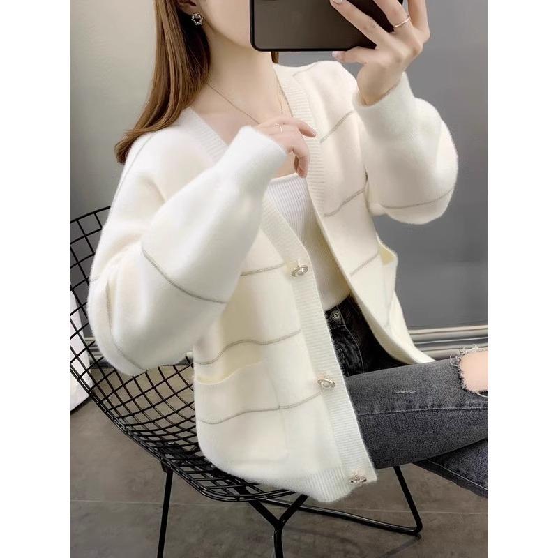 Cardigan tricotat larg cu gât în V pentru femei, Toamnă și Iarnă, Stil nou leneș, La modă, Simplu, Casual, Jachetă pulover cu dungi