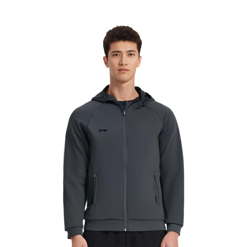 Li Ning Fitness Series Solid Color Hooded Zip-Up Sports Hoodie Men hoodies Cold-Sand-Black AWDT993-2