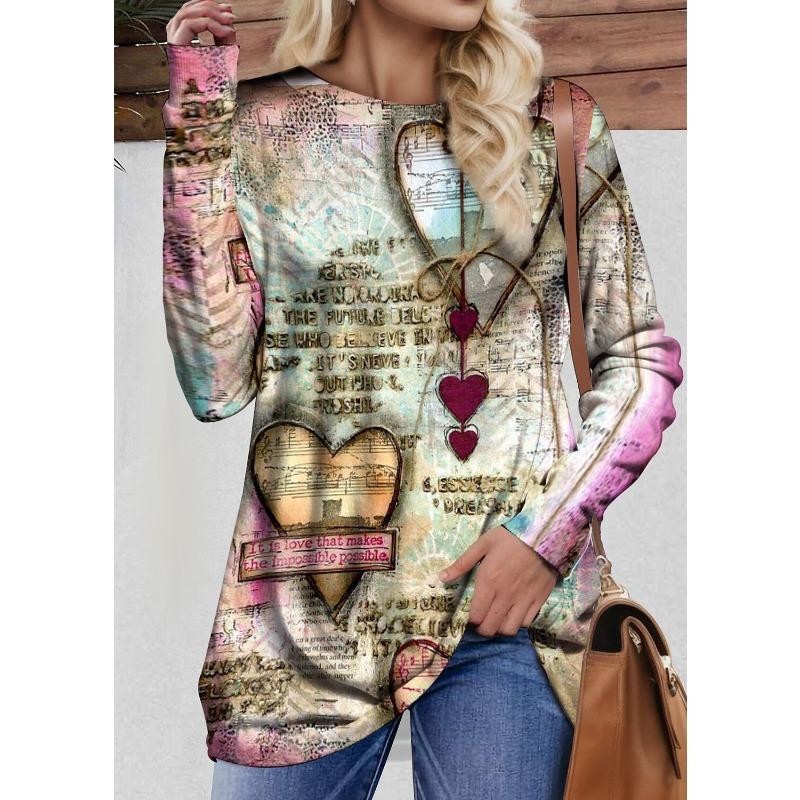 Spring and Autumn Round Neck Heart and Text Graphic 3D Printed Top Fashionable Casual Long Sleeved Women's T-shirts