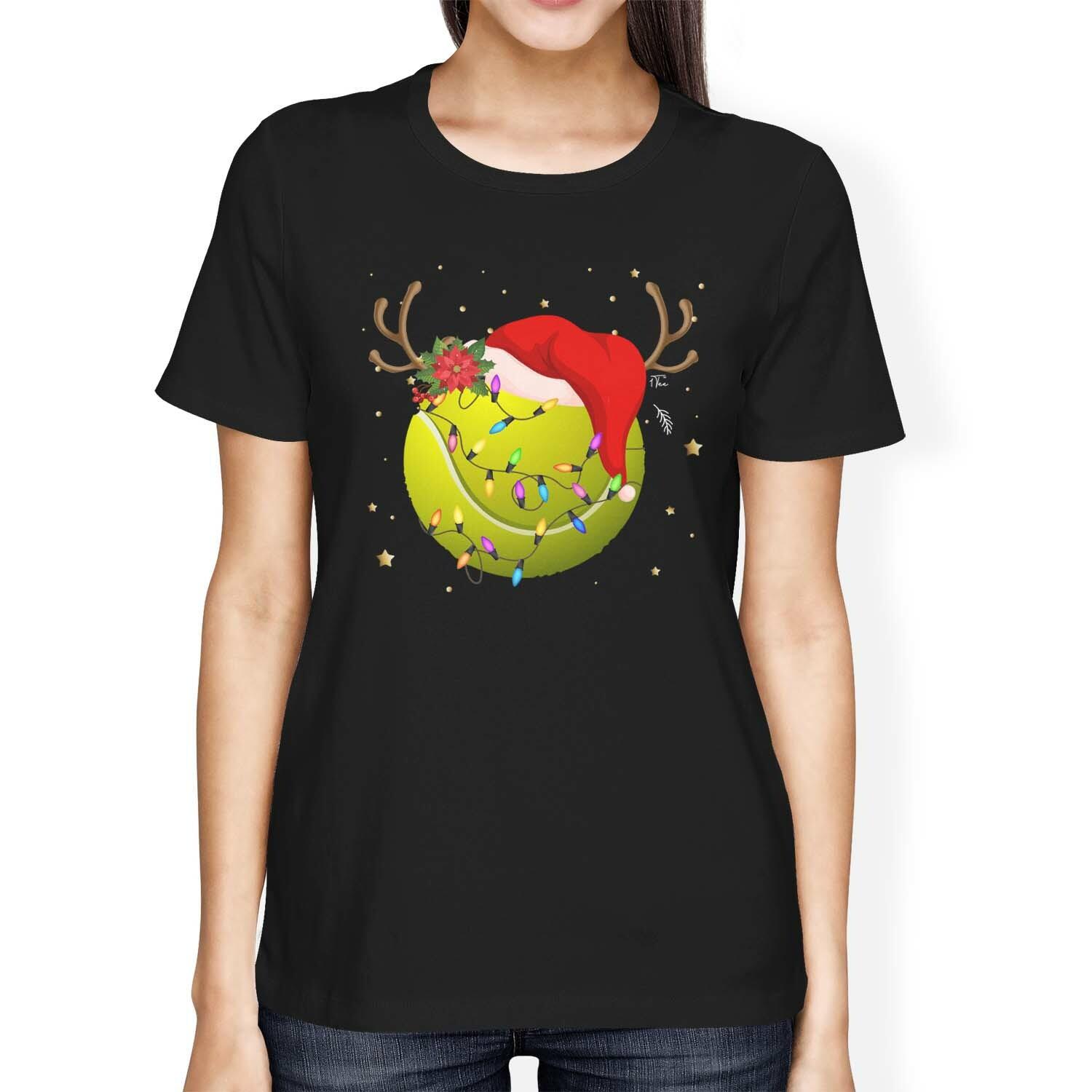 1Tee Womens Loose Fit Christmas Tennis Ball with Santa Hat and Antlers T-Shirt S