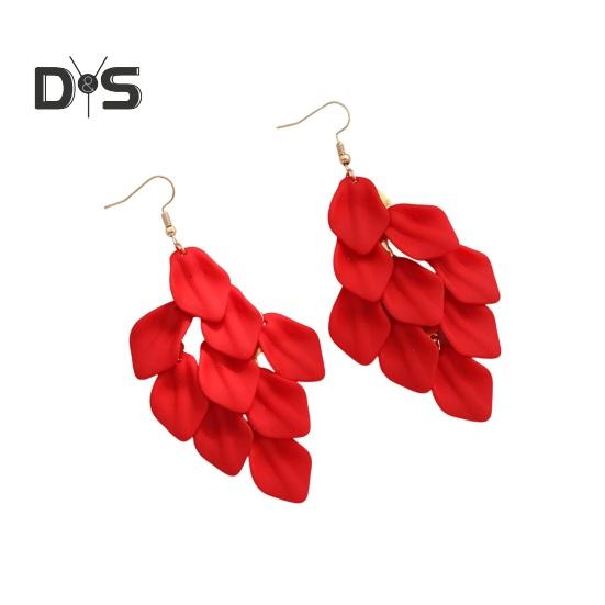 

1 пара женских сережек-крючков с геометрическим узором и кисточками в стиле ретро, однотонные серьги в форме листа для свиданий и вечеринок, повседневные украшения для ушей красный