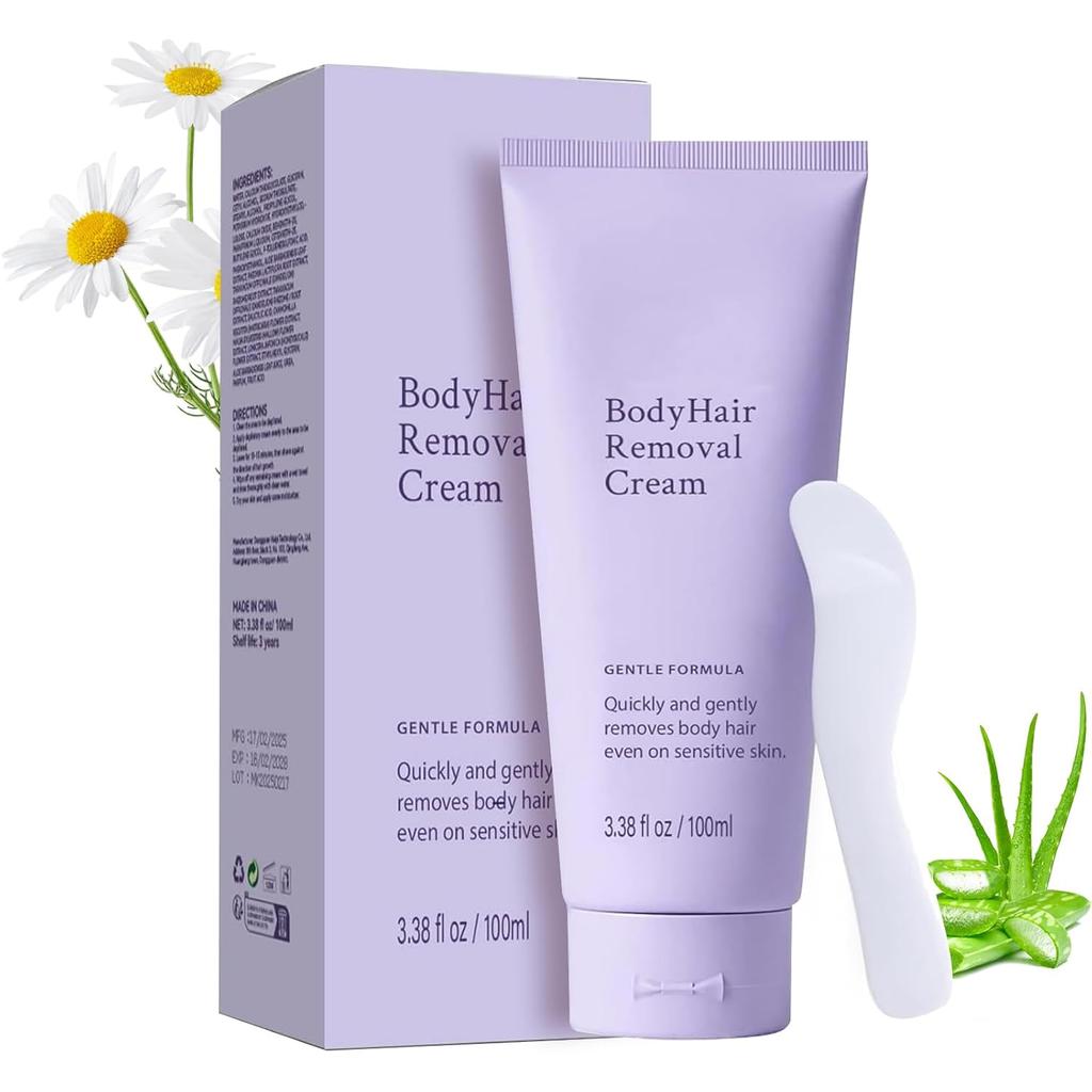 Body Hair Removal Cream for Sensitive Skin, Painless Depilatory Cream with Spatula Applicator, Durable and Smooth for Men and Women, Gentle Formula