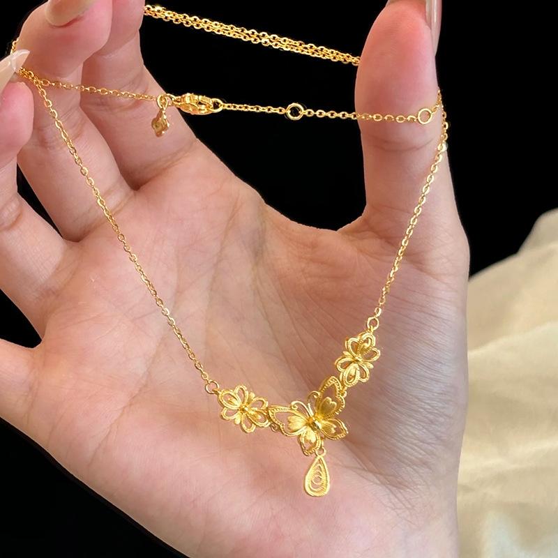 Shining Butterfly Tassel Necklace New In Gorgeous Antique Gold Craftsm Hollow Flower Water Droplet Collar Chain Wedding Jewelry